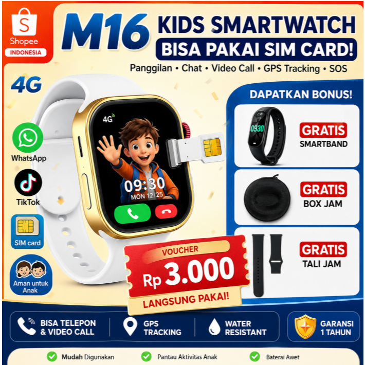 M16 Kids Smartwatch 4G Putih Emas, Bisa SIM Card, Bonus Smartband, Box Jam, Tali Jam
