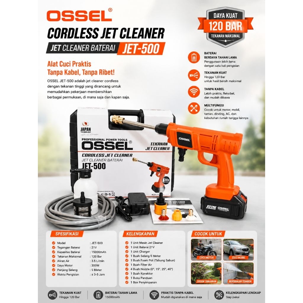 JET CLEANER CORDLESS JET CLEANER BATERAI ALAT CUCI MOTOR MOBIL JET-500 OSSEL