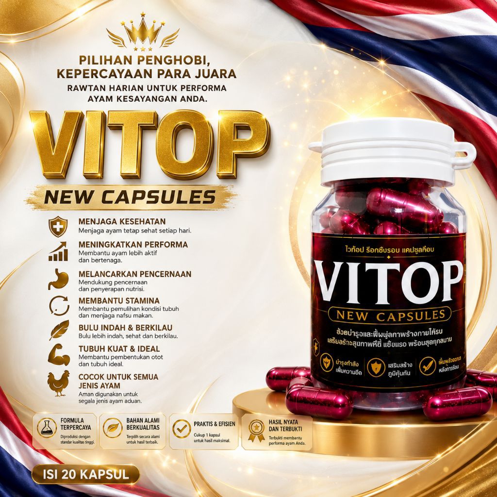 VITOP ORIGINAL VITAMIN ISI 20 KAPSUL NEW FORMULA VITOP MENAMBAH AGRESIFITAS AYAM ADUAN 100% ORI THAI