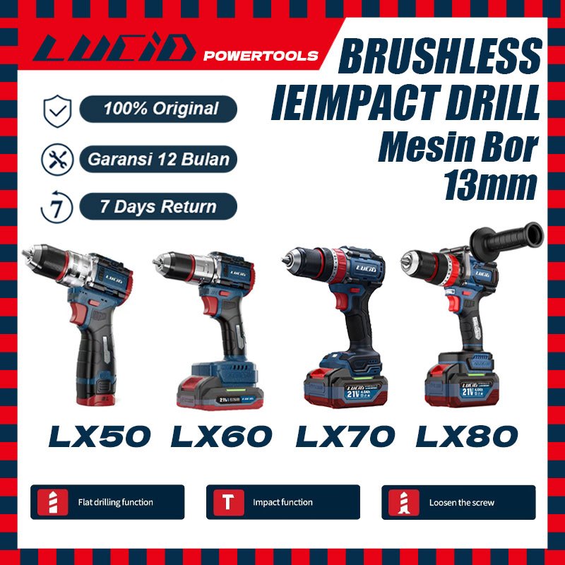 LUCID LX80/LX70/LX60/LX50 Brushless Mesin bor 13MM Lithium Battery Bor Listrik Impact Multifunction 