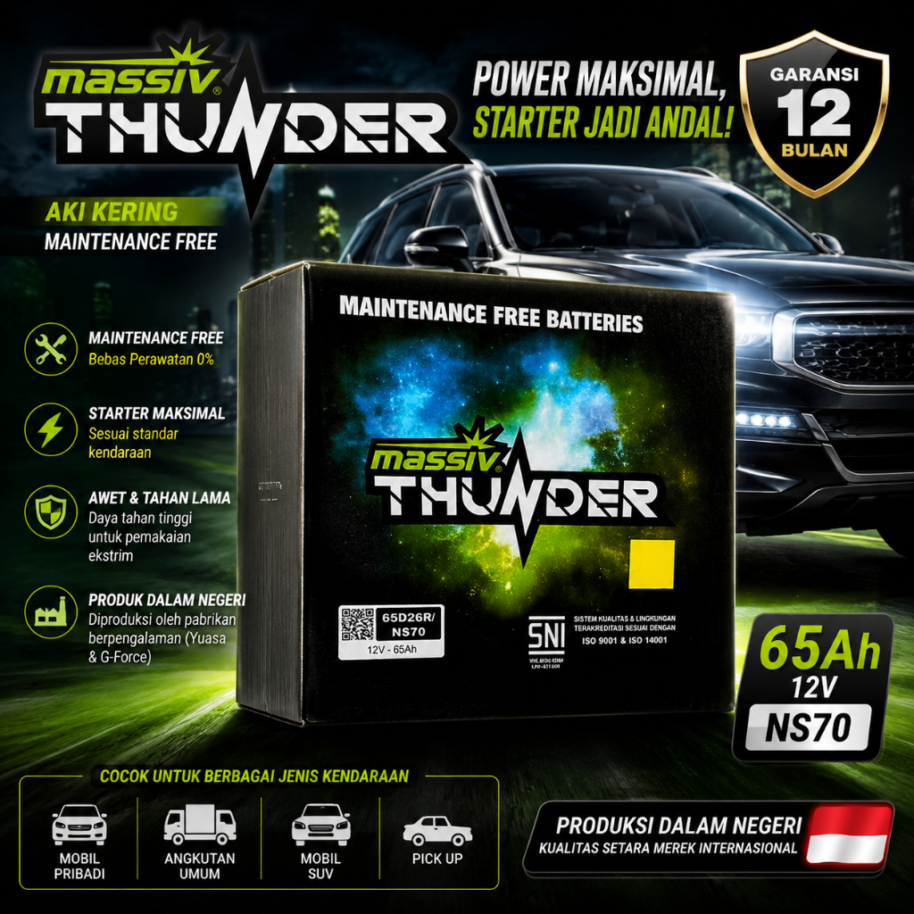 AKI MAINTENACE FREE MASSIV THUNDER NS70 65 AH ( AKI KERING )