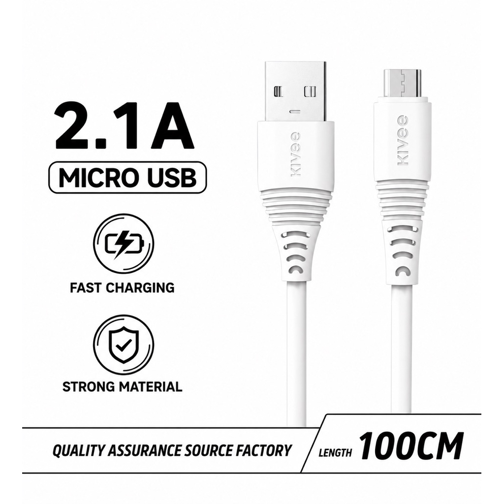 Kabel Data USB -  MICRO - Putih 1.M Kivee, Pengisian Cepat 2.1A , FREE HEADSET