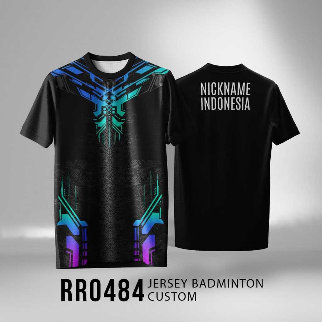 Jersey Badminton Custom RRO484 Hitam Biru Hijau Ungu Motif Futuristik size XS-5XL