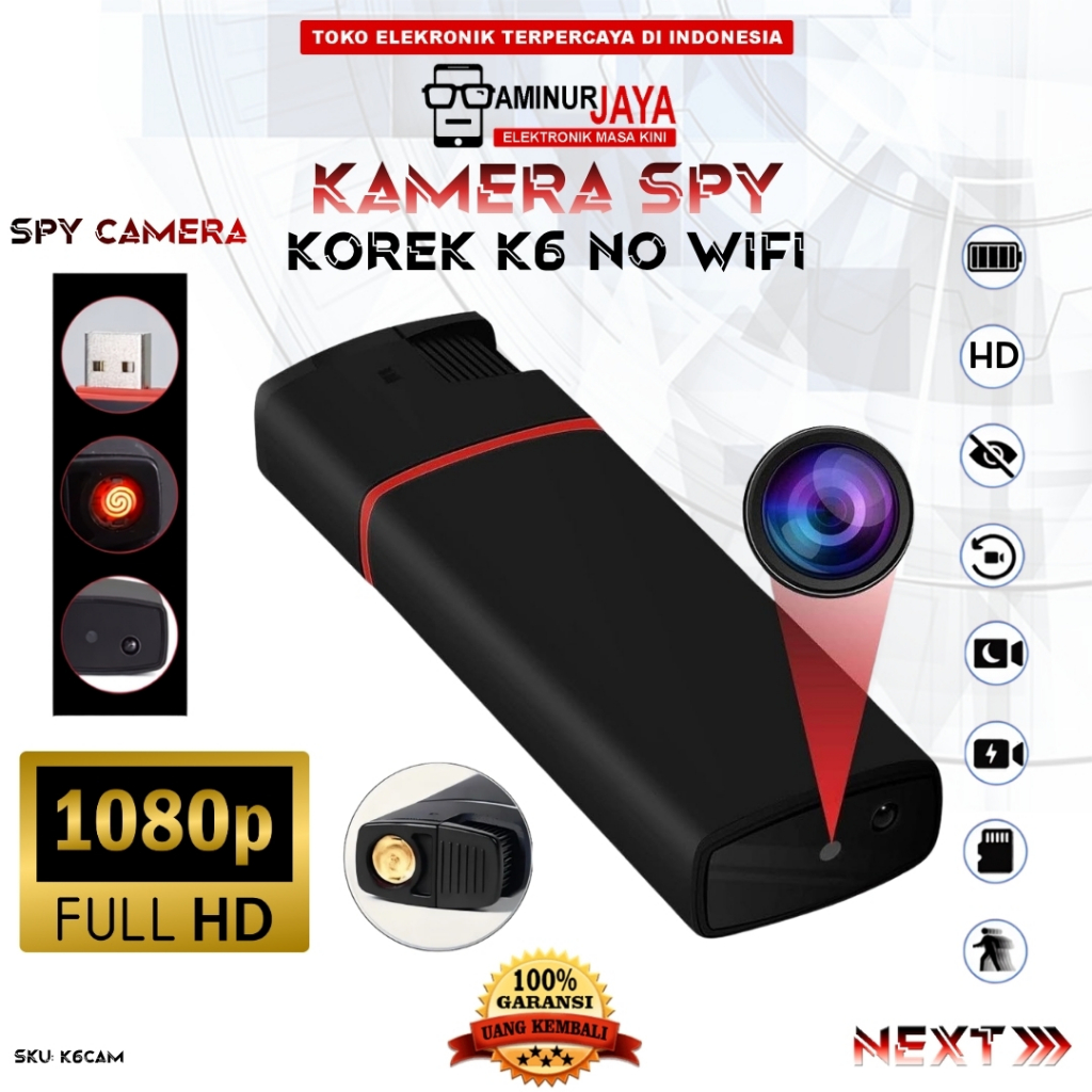 AMINURJAYA Spy Camera Mini K6 Full HD 1080P Desain Korek No WiFi Kamera Perekam Video USB K6CAM