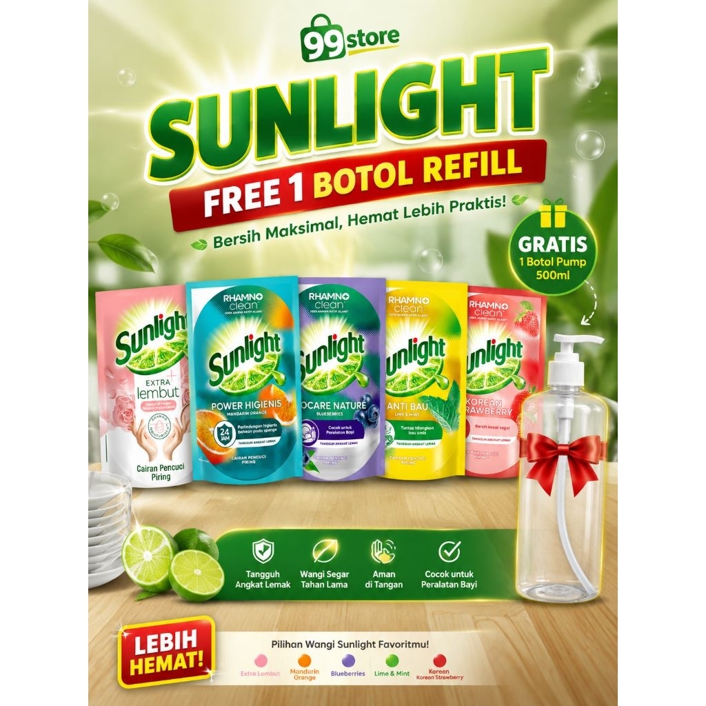 Sunlight Sabun Cuci Piring 600gram free botol pump 500ml