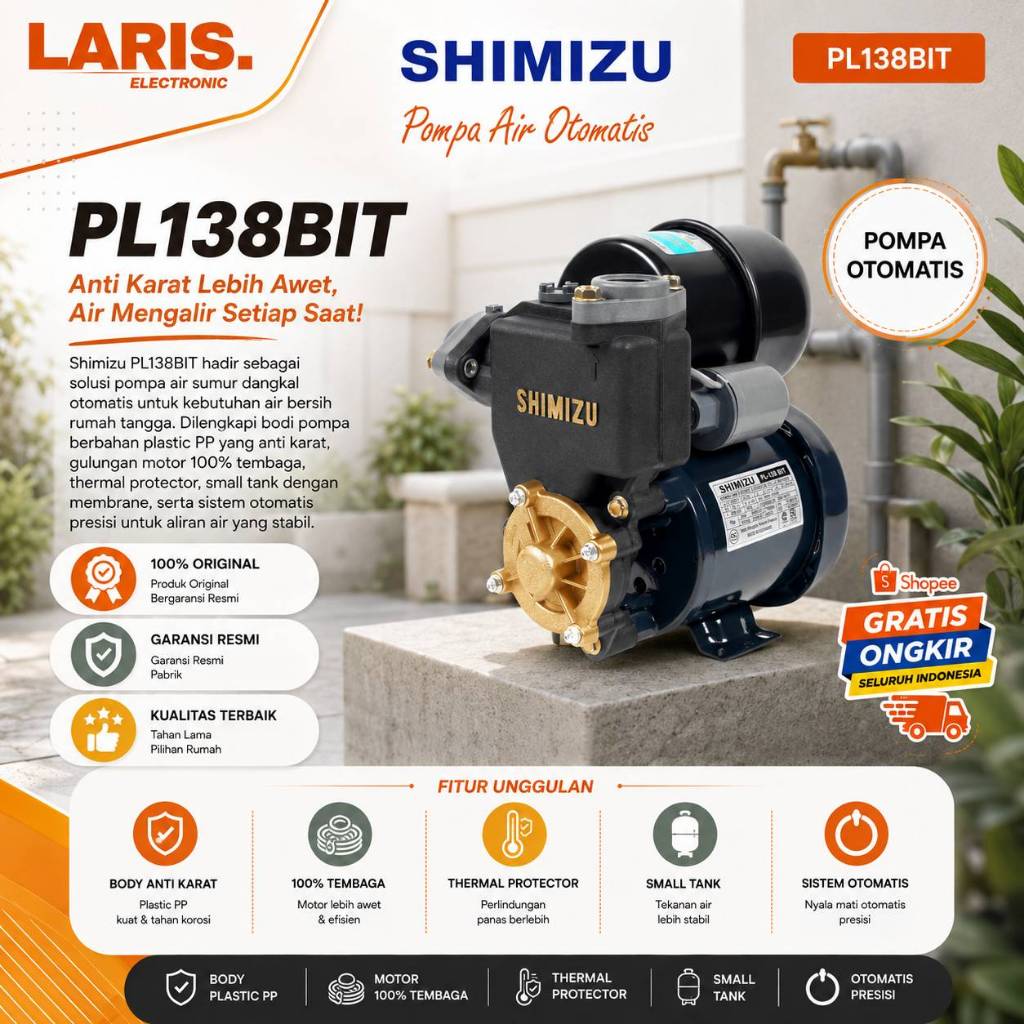 SHIMIZU POMPA AIR PL 138BIT WATER PUMP/PL138BIT/PL138 BIT/PL 138 BIT/ORIGINAL SHIMIZU/GARANSI RESMI