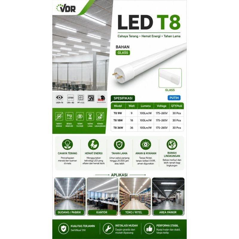 lampu neon  LED T8 VDR ready 9W 60cm cahaya putih