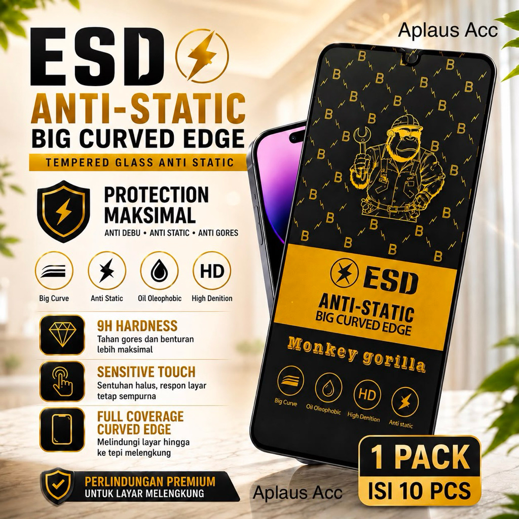 ( harga per box isi 10 pcs ) Tempered Glass ESD Anti Static Mongkey Gorila Clear Anti Gores Kaca Anti Debu