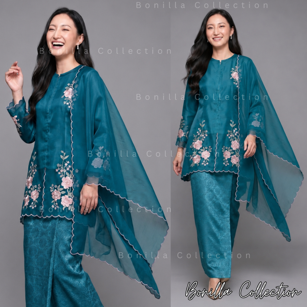 Setelan Kebaya Kurung Organza Nikita Sulam Bunga Premium dan Selendang Organza / Baju Tunik Organza 