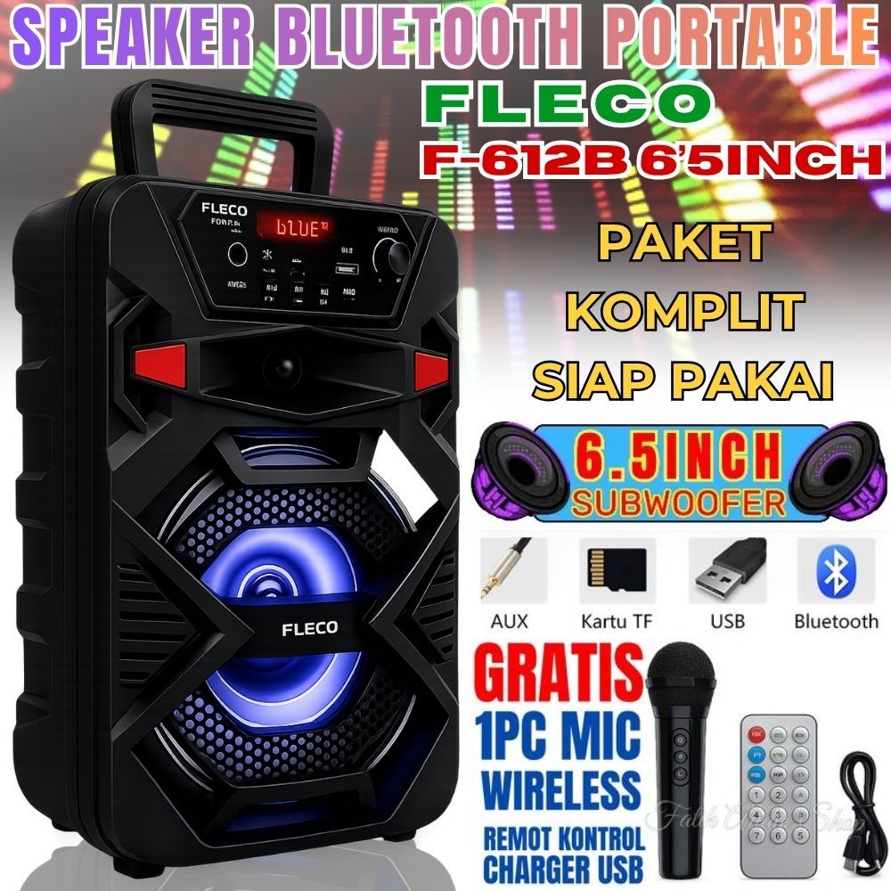 Fleco F-612b Speaker Bluetooth 6’5inch Speaker Karaoke Full Bass Salon Aktif Extra Power Full Bass [