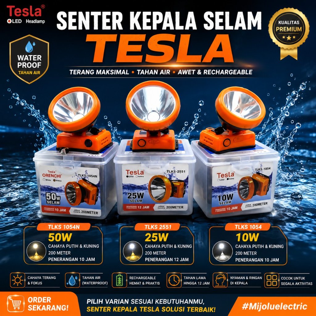 Senter Kepala Selam Tesla TLKS 2551 25W | Headlamp LED Waterproof | TLKS 1054 10W | TLKS 1054N 50W R