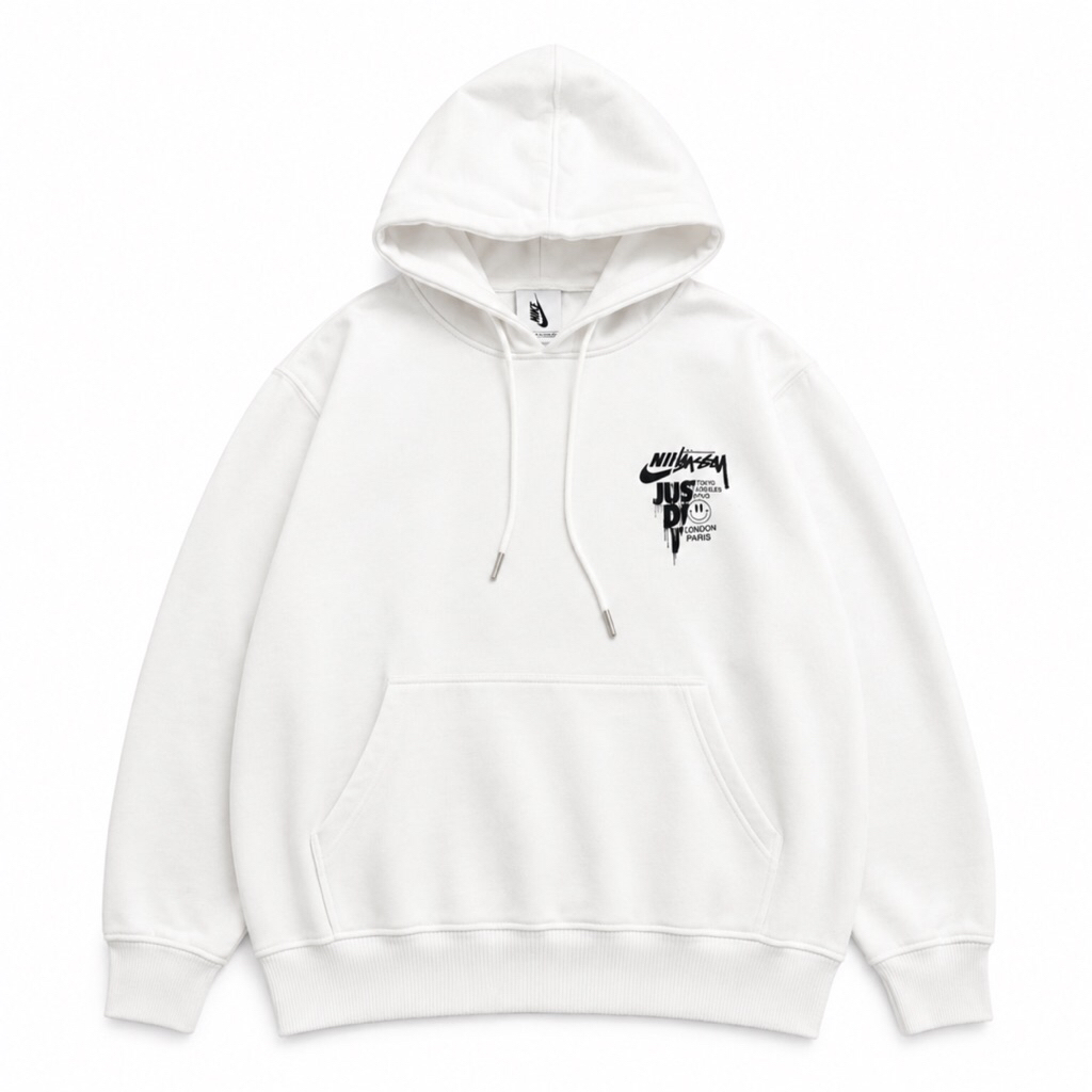 white hoodie collaboration between Nike and Stussy with "Just Do It"