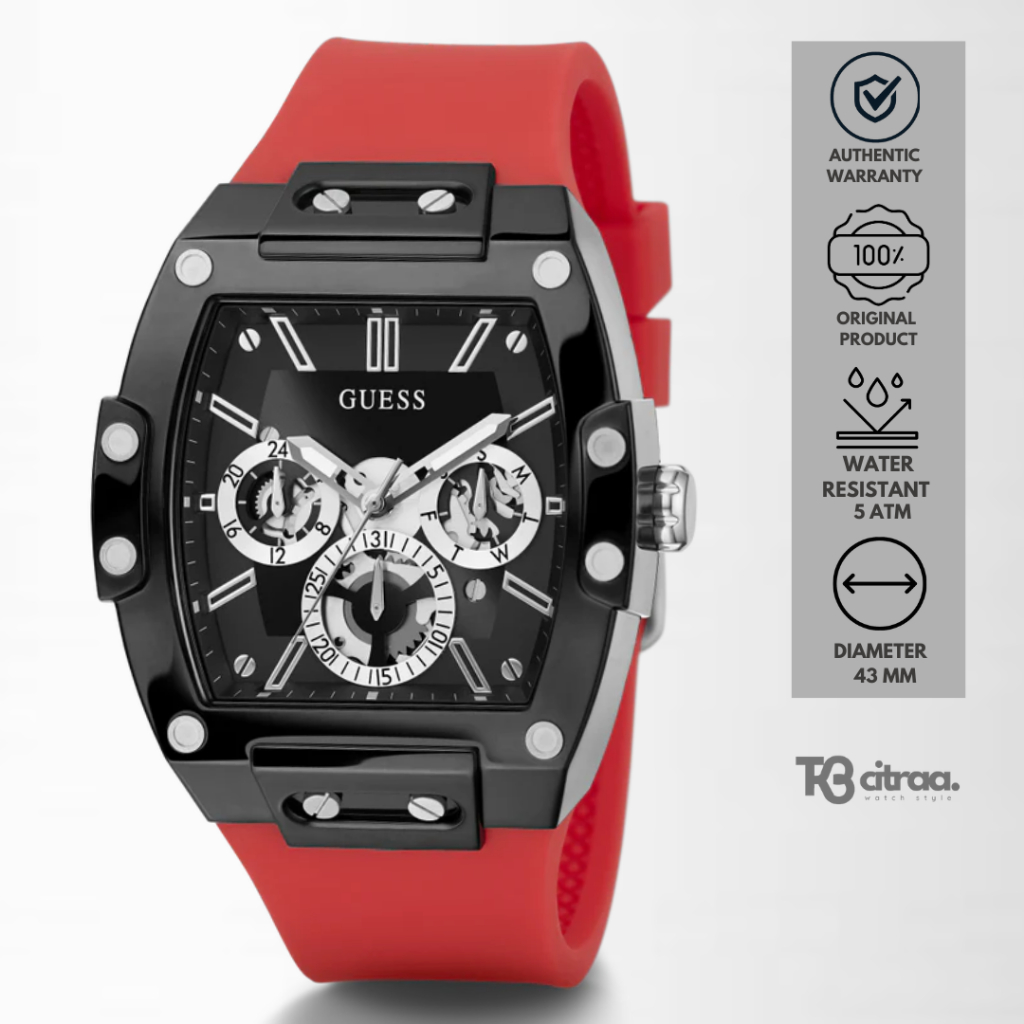 Jam Tangan Pria Guess Phoenix Chronograph Red Rubber Black Dial Sporty Casual Original GW0203G4