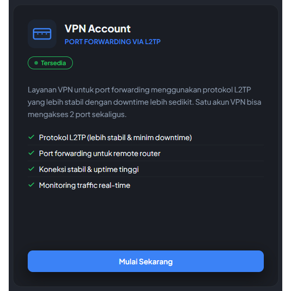 VPN Account Port Forwarding Via L2TP, Stabil, Uptime Tinggi, Monitoring Real-Time
