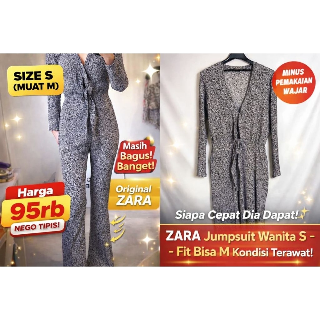 ZARA Jumpsuit Wanita Original Motif Abu Size S Fit M Lengan Panjang Second Like New
