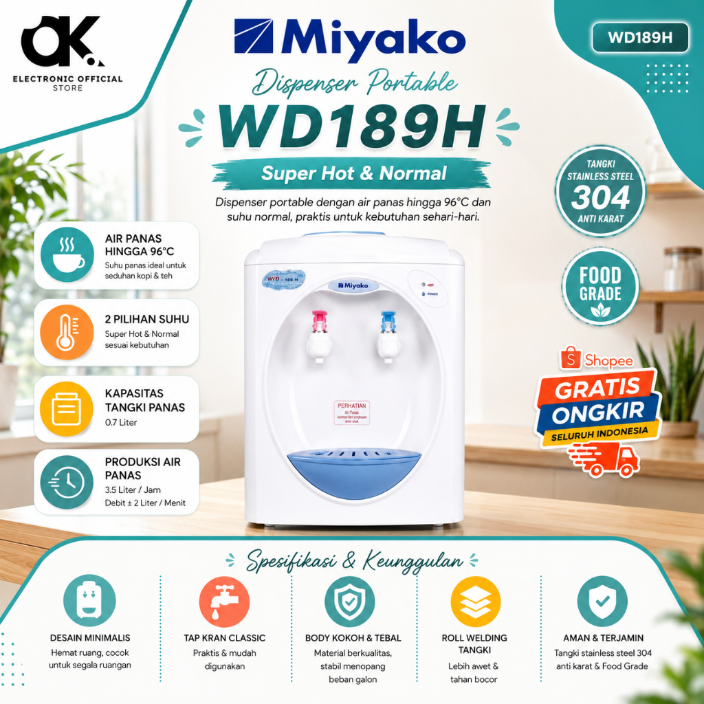 MIYAKO DISPENSER GALON ATAS WD 189H/WD189H/WD189 H/WD 189H/WD 189 H/WD-189H/ORIGINAL MIYAKO/GARANSI