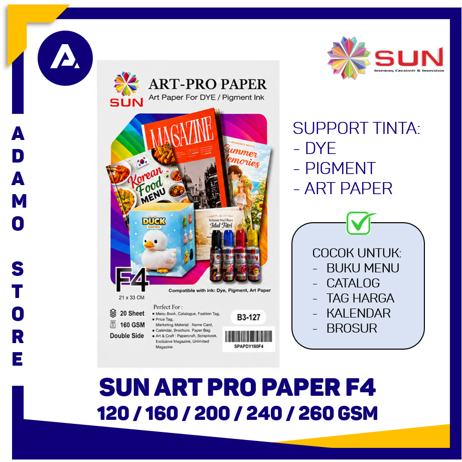 Kertas Art Paper F4 SUN Art Pro Paper Double Side Support Tinta Dye Pigment Dura 120, 160, 200, 240,