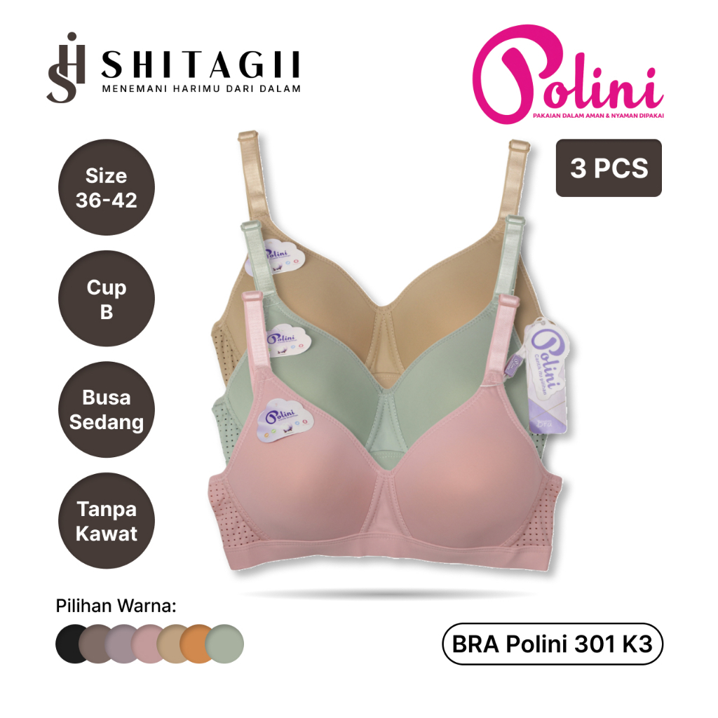 Bra Polini 301 K3 3 Pcs | Tanpa Kawat | BH Wanita Super Nyaman Adem | Cup B | Size 36-42 | Paket 3pc