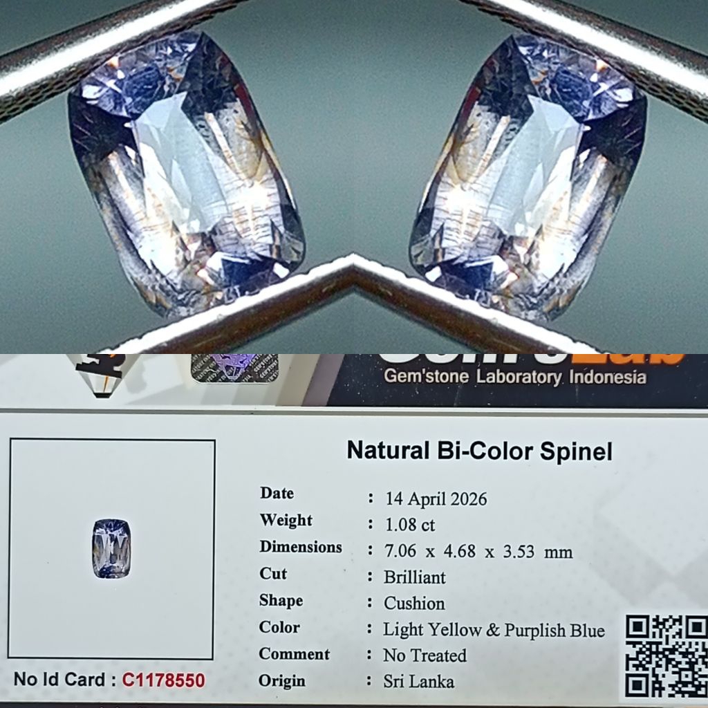 NATURAL BI-COLOR SPINEL SRI LANKA HQ COLOR LIGHT YELLOW & PURPLISH BLUE 1.08 CARAT NO TREATED CUTTIN