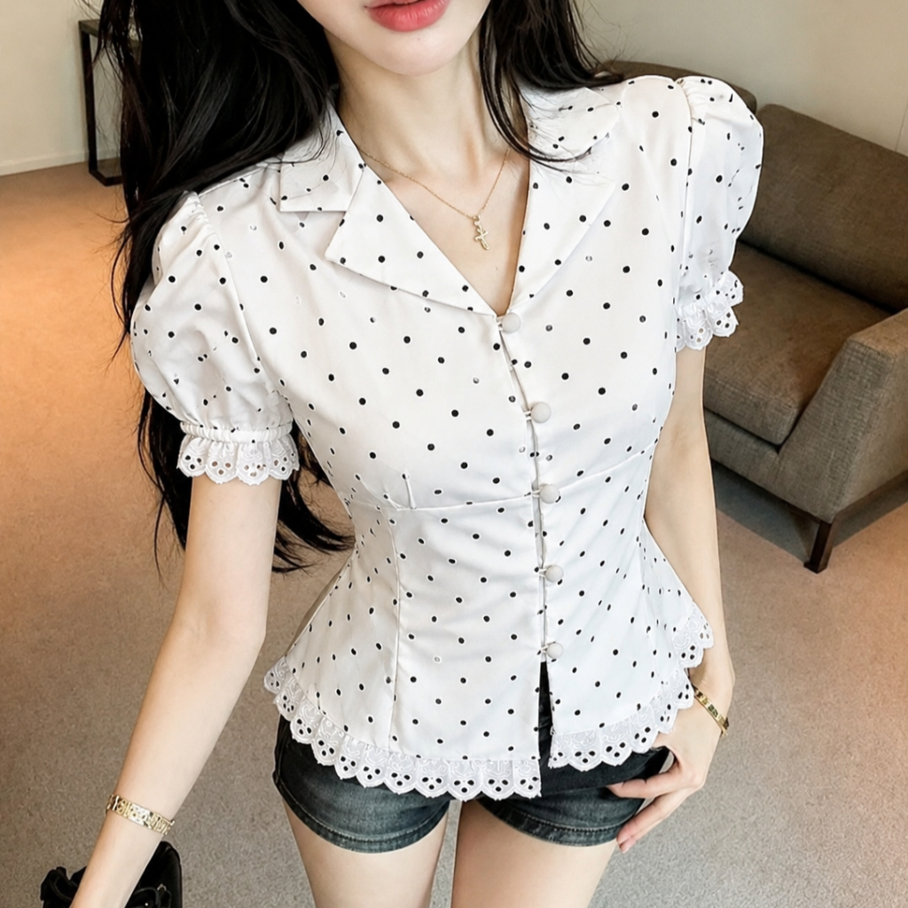 Blouse Wanita Polkadot Hitam Putih Lengan Pendek Puff Sleeve Atasan Wanita Fitted Lengan Renda | CAL
