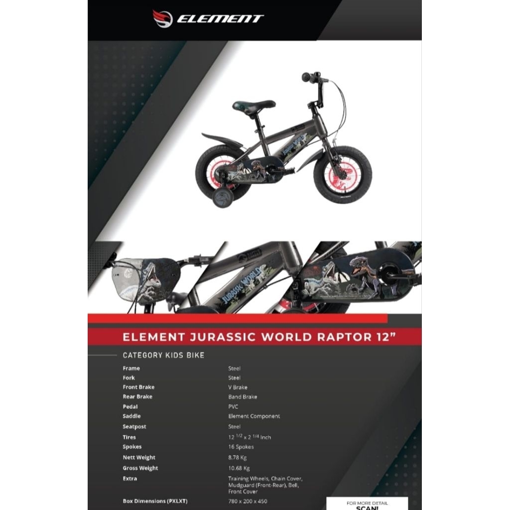 Sepeda Anak / Kids Bike BMX 12 / 16 / 18 INCH Element Jurassic World jurasic park giga trex / raptor