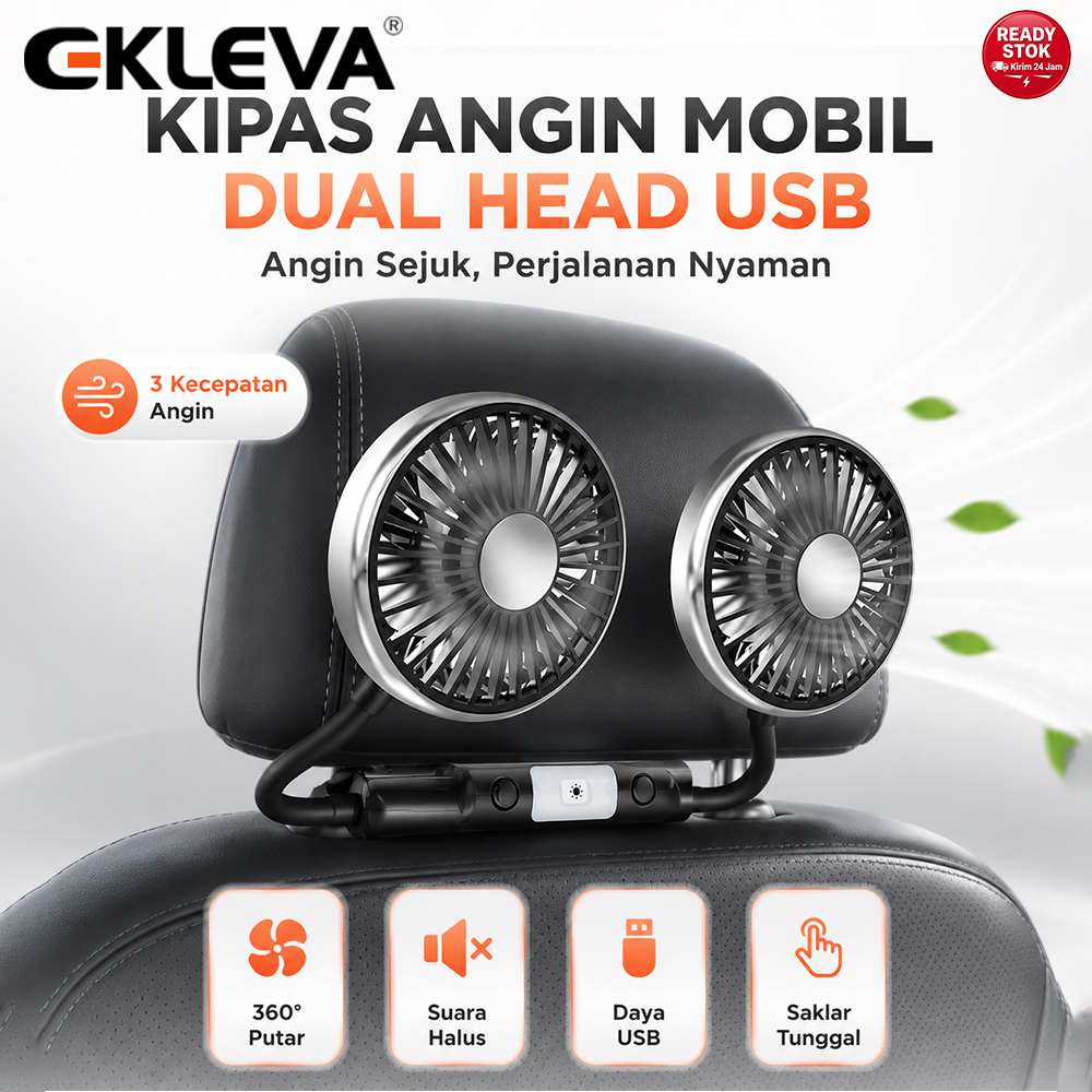 EKLEVA Kipas Duduk Mobil EKLEVA dengan Lampu Berkelip 2 Warna, Selang Fleksibel 360°, Kipas Angin Mo
