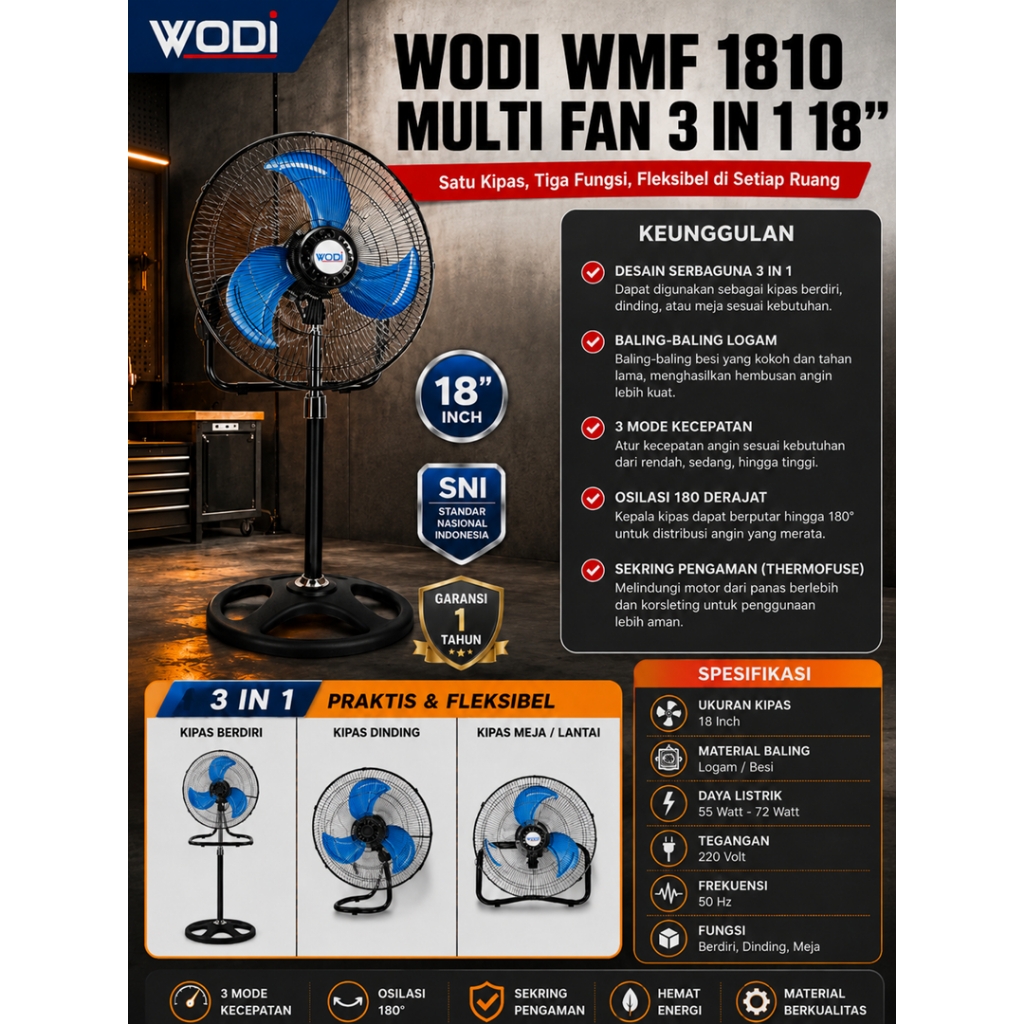 Kipas Angin Besi WODI WMF 1810 Multifungsi 3 in 1 18 Inch Multi Fan Baling Logam