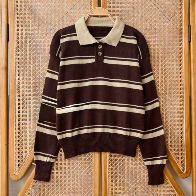 Cardigan Rajut Wanita Atasan Baju Berkerah Polo motif salur bergaris Stripe Coklat Mahogany