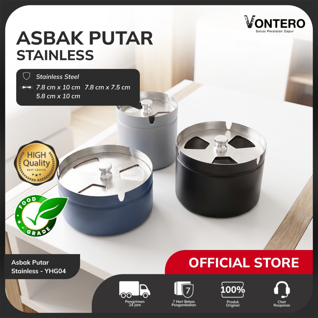 Vontero Asbak Putar Stainless Steel Tutup Tekan Anti Angin Portable Wadah Abu Meja Rumah Cafe Minima