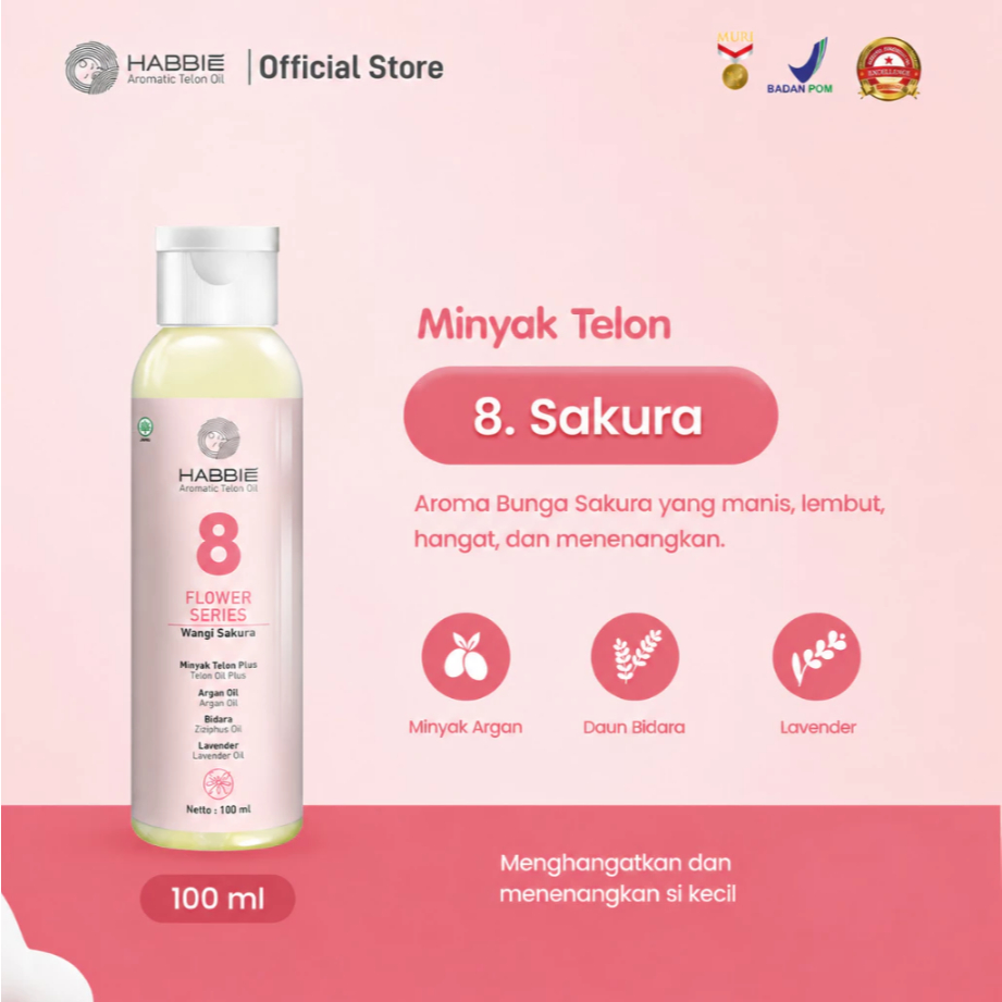 Habbie Aromatic Minyak Telon Bayi 08. Sakura Flower 100ml | Telon Sakura yang Lembut & Elegan