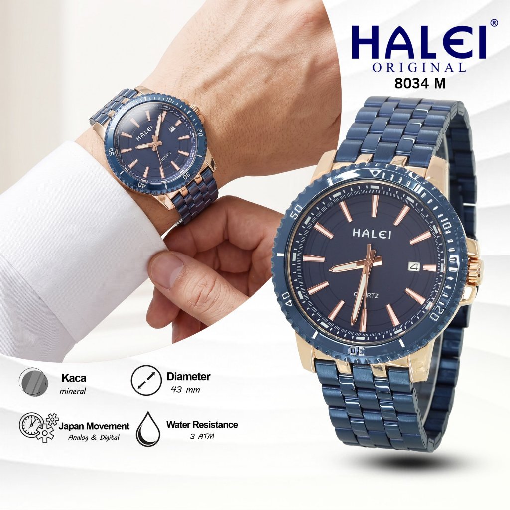 HALEI 8034M - Jam Tangan Branded Pria Rantai Stainless Mesin Seiko Anti Air Garansi Original