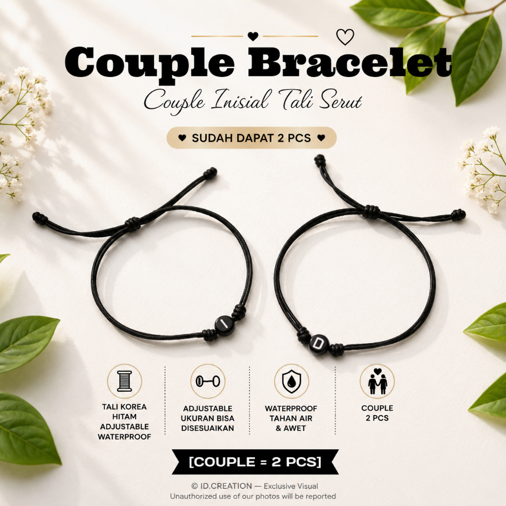 Gelang Couple Inisial Huruf Manik Bulat - Tali Korea Tipe Serut Ukuran 1.mm Waterproof