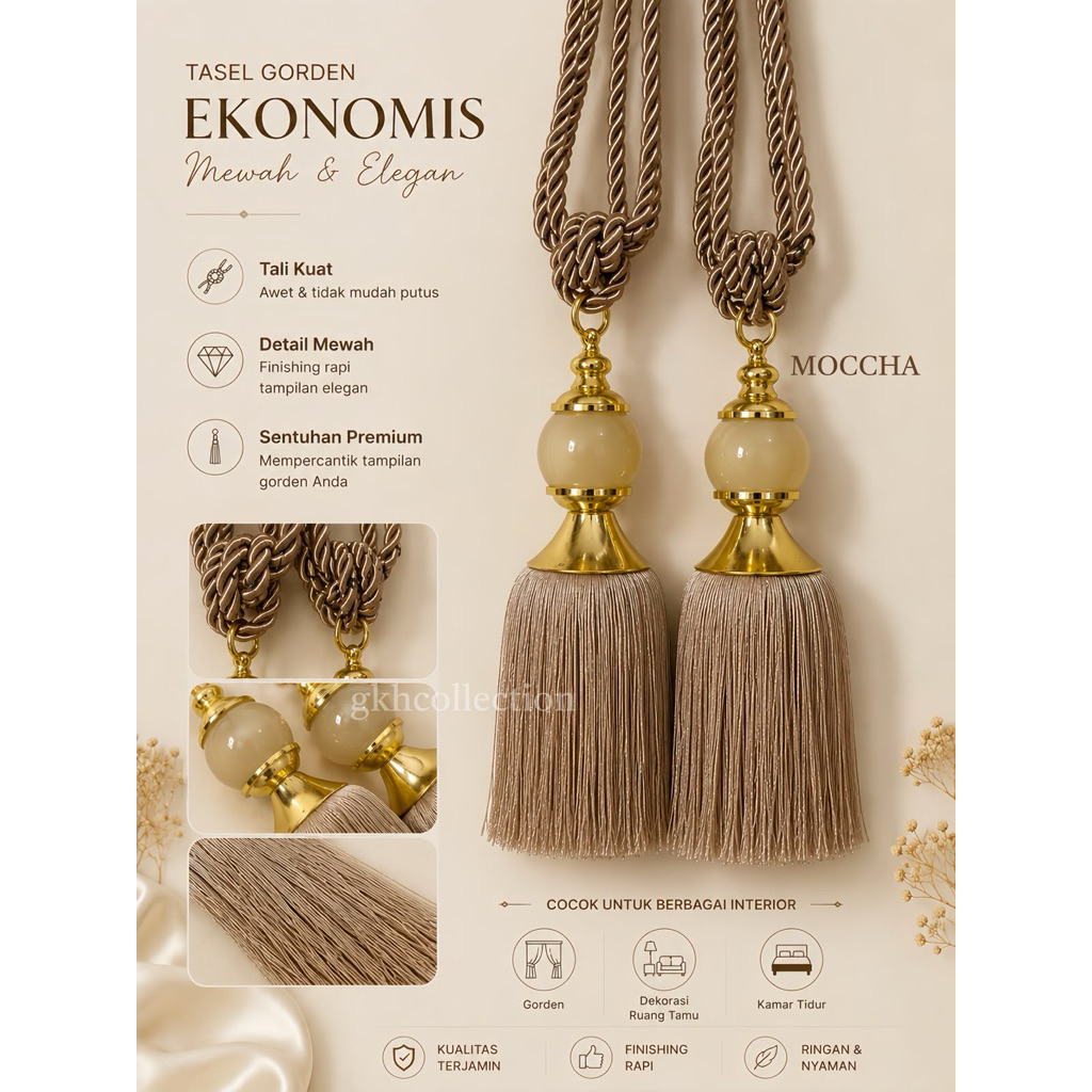 Tali Gorden Mewah Ekonomis | Tali Pengikat Gorden Premium  Awet Elegan