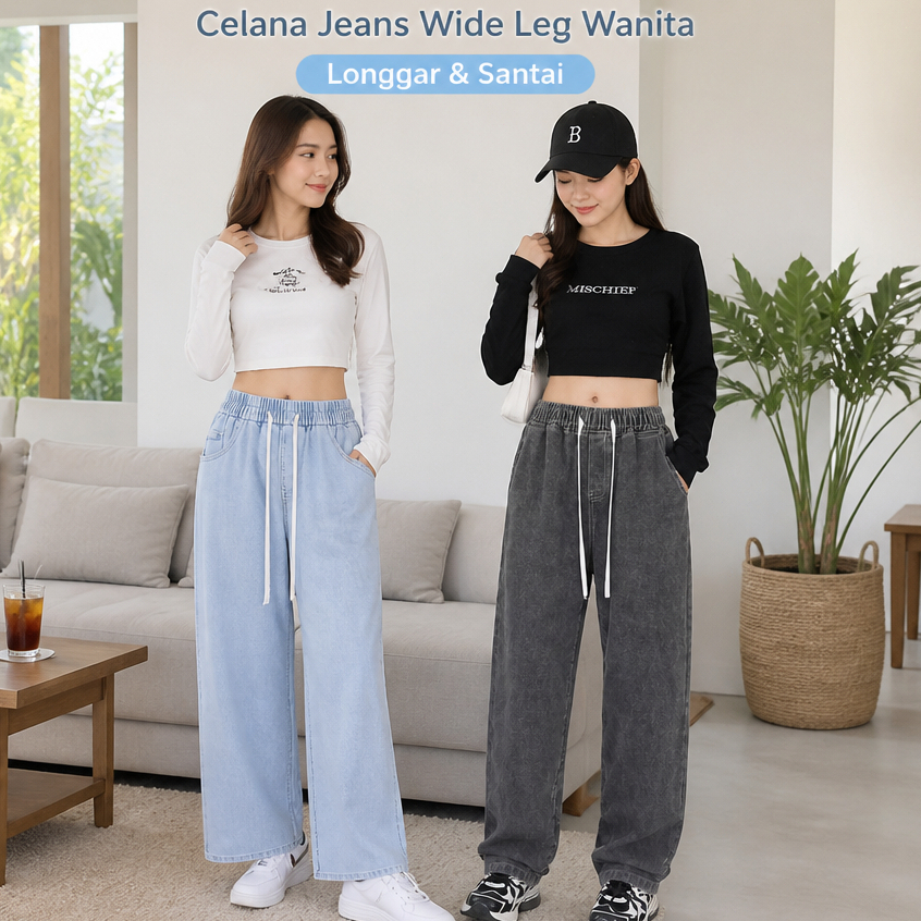 Celana jeans wanita Celana jeans pinggang karet wanita straight jeans celana longgar wanita celana p