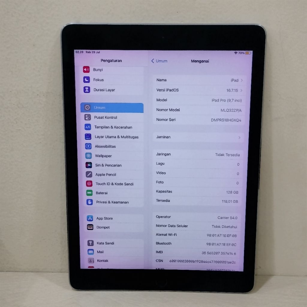 IPAD PRO 9,7INCI RAM 128GB (INTER) ZP/A, BATANGAN, WIFI+CELLULAR (-1) "574126"