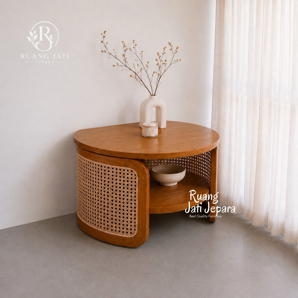 Coffee Table Bulat Rotan | Meja Tamu Jati Minimalis Aesthetic | Meja Kopi 2 Tingkat Japandi | Meja K