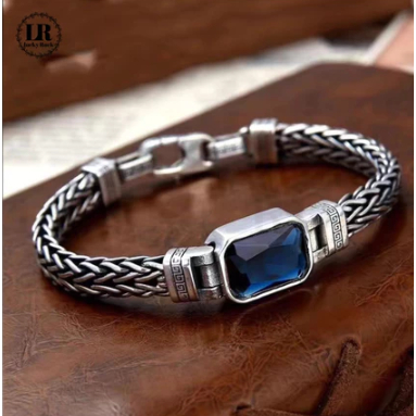 Lucky-1348 Gelang perak pria Thai dengan batu asli - Gelang perak tahan lama tidak pudar, hadiah gel