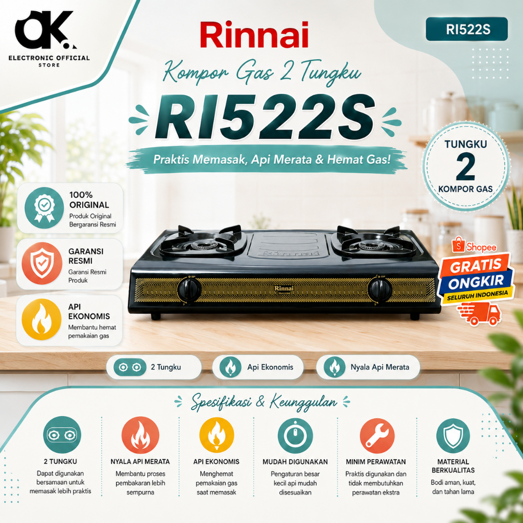 RINNAI KOMPOR GAS 2 TUNGKU RI522S Kompor Gas/RI522S/RI522 S/RI 522S/RI-522S/ORIGINAL RINNAI /GARANSI