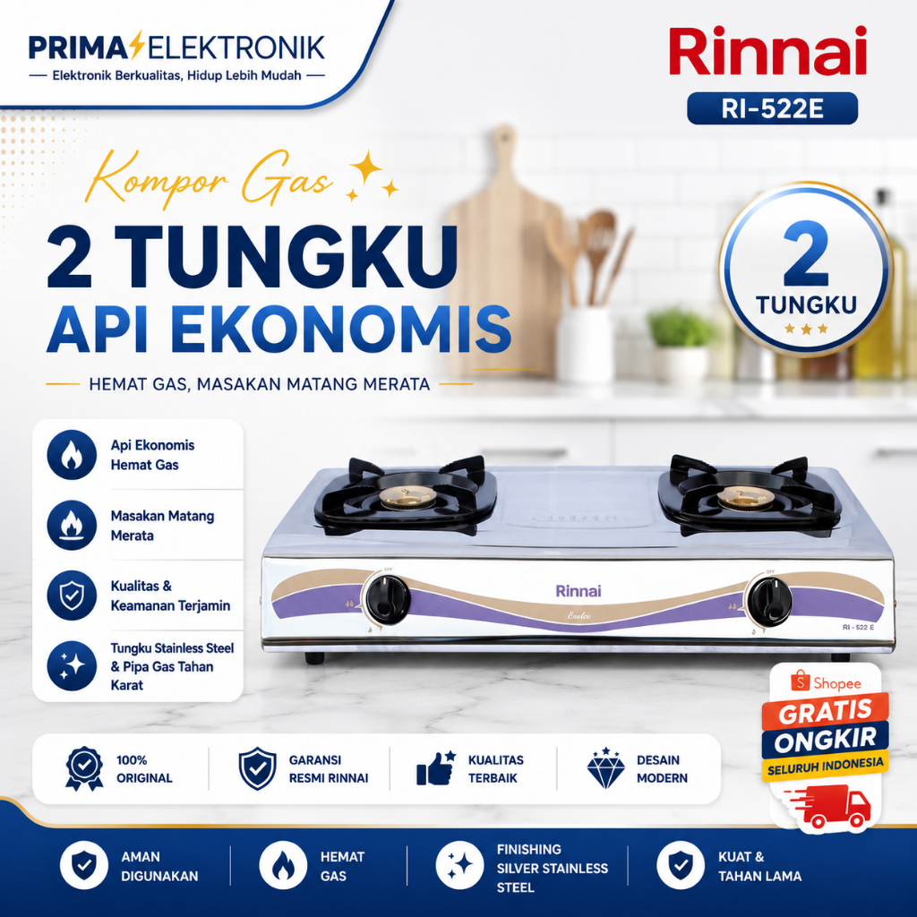 RINNAI KOMPOR GAS 2 TUNGKU RI 522 E/RI-522E/RI-522 E/RI522E/RI 522E/RI522 E/ORIGINAL RINNAI/GARANSI
