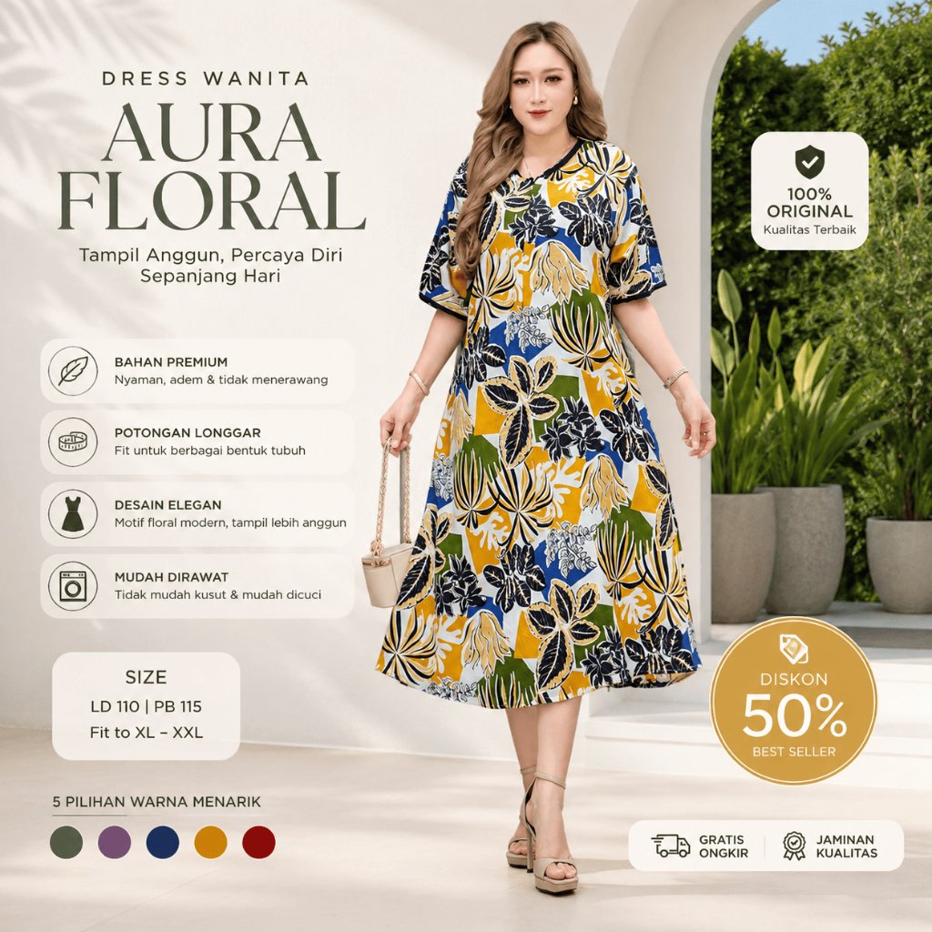 (Bisa COD) Dress Wanita Aura Floral Premium Motif Elegan by Batik Anjani