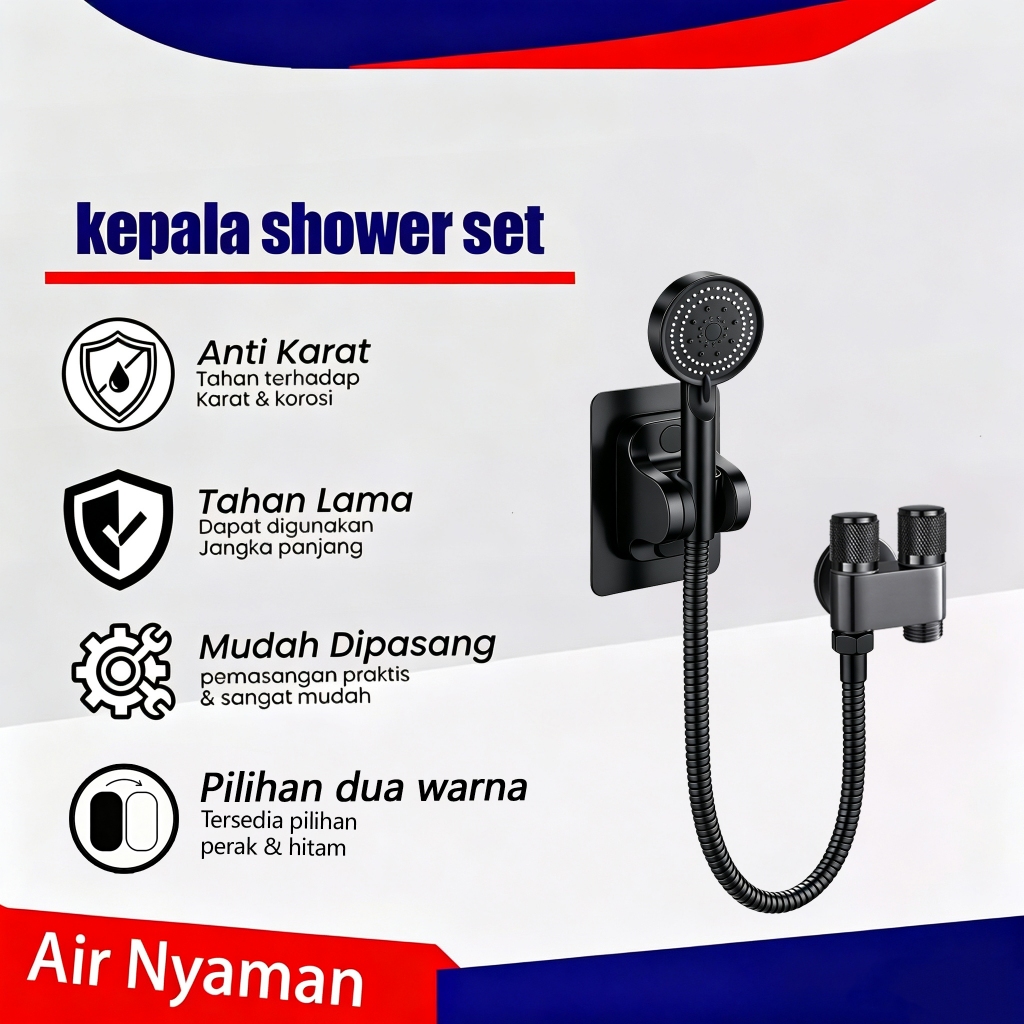 Paket Hand Shower Multimode Hitam Modern Keran Cabang Dua Keluar SUS304 Dengan Dudukan Tanpa Bor Sel