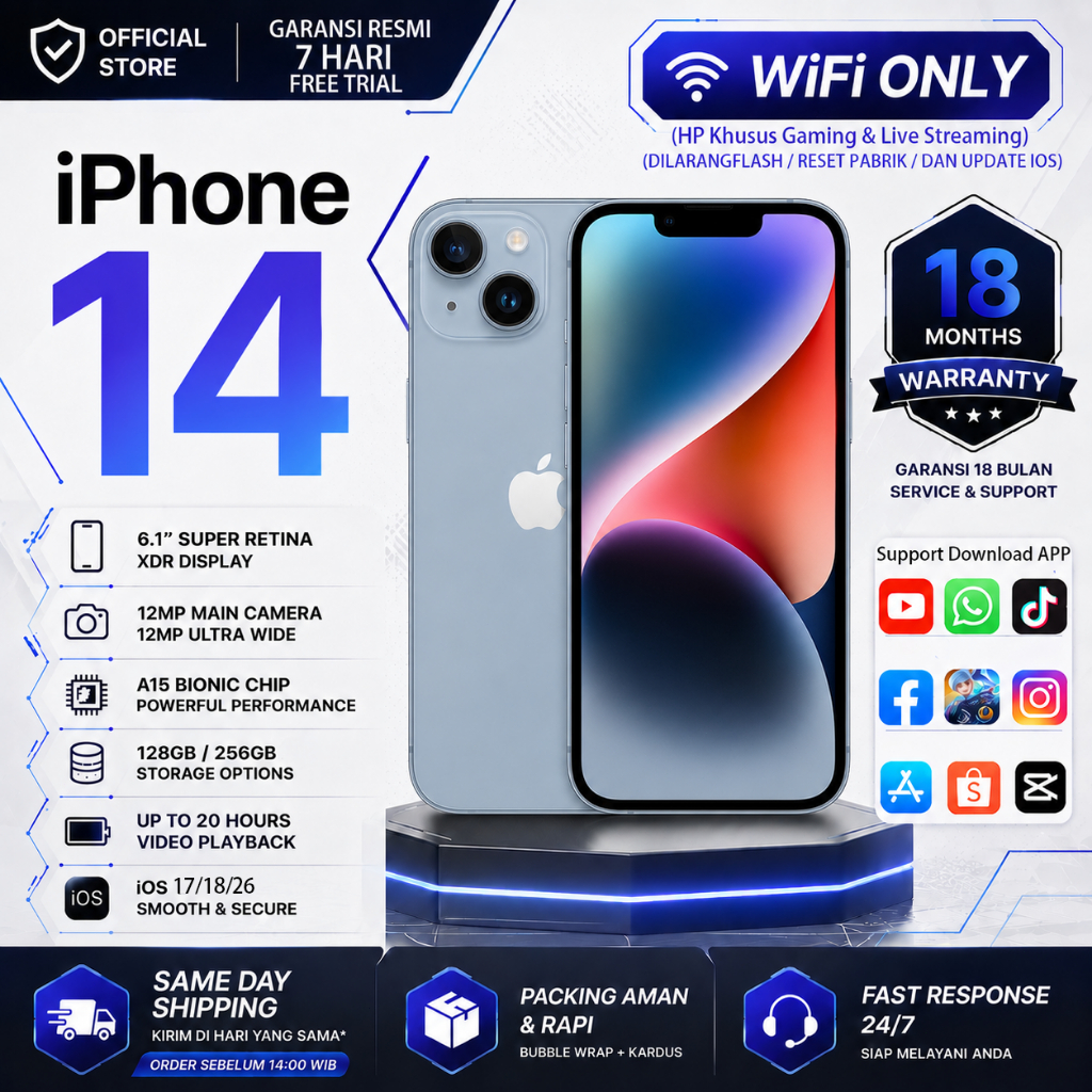 iPhone 14 Second Mulus WiFi only Gaming Gratis Coba 7 Hari 128GB 256GB 100% Original Full Range Orig