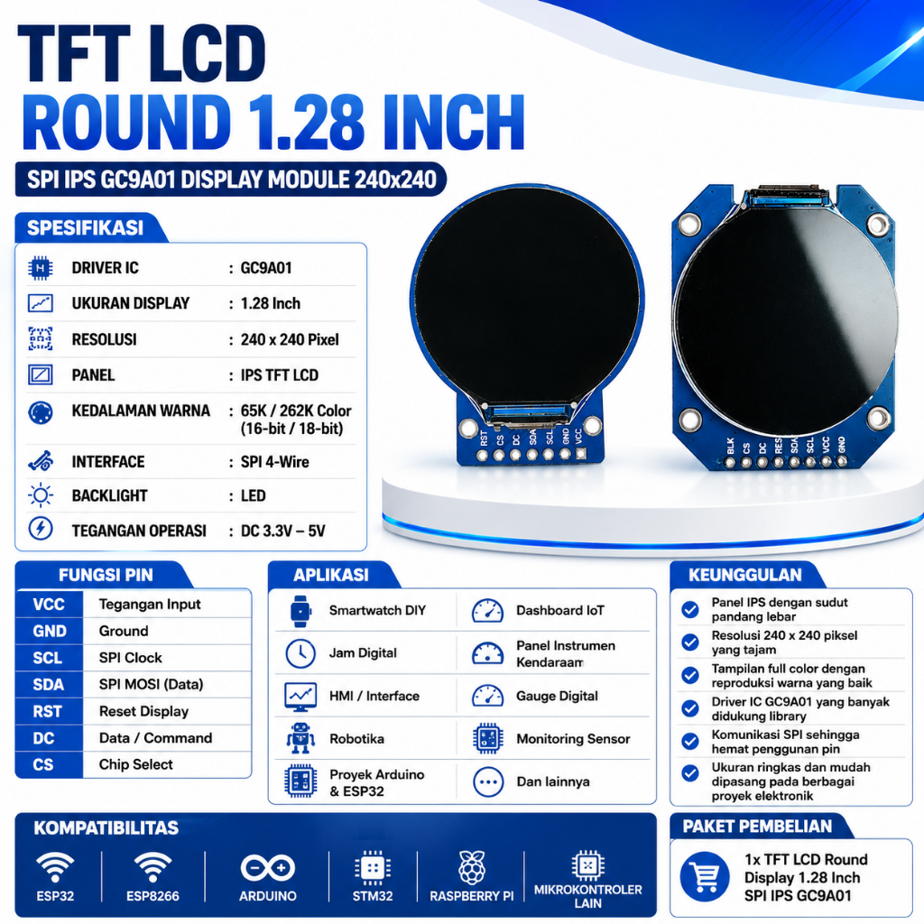 TFT LCD Round 1.28 Inch SPI IPS GC9A01 Display Module 240x240