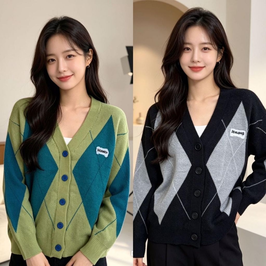 Cardigan Rajut Motif Argyle Belah Ketupat, Import, Premium