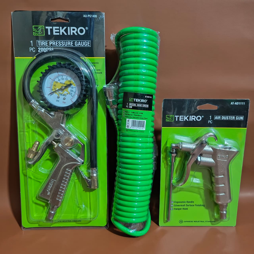 Tekiro Paket Lengkap Alat Kompresor Recoil Hose 6 Meter + Air Duster Gun 3 Fungsi + Tire Pressure Ga