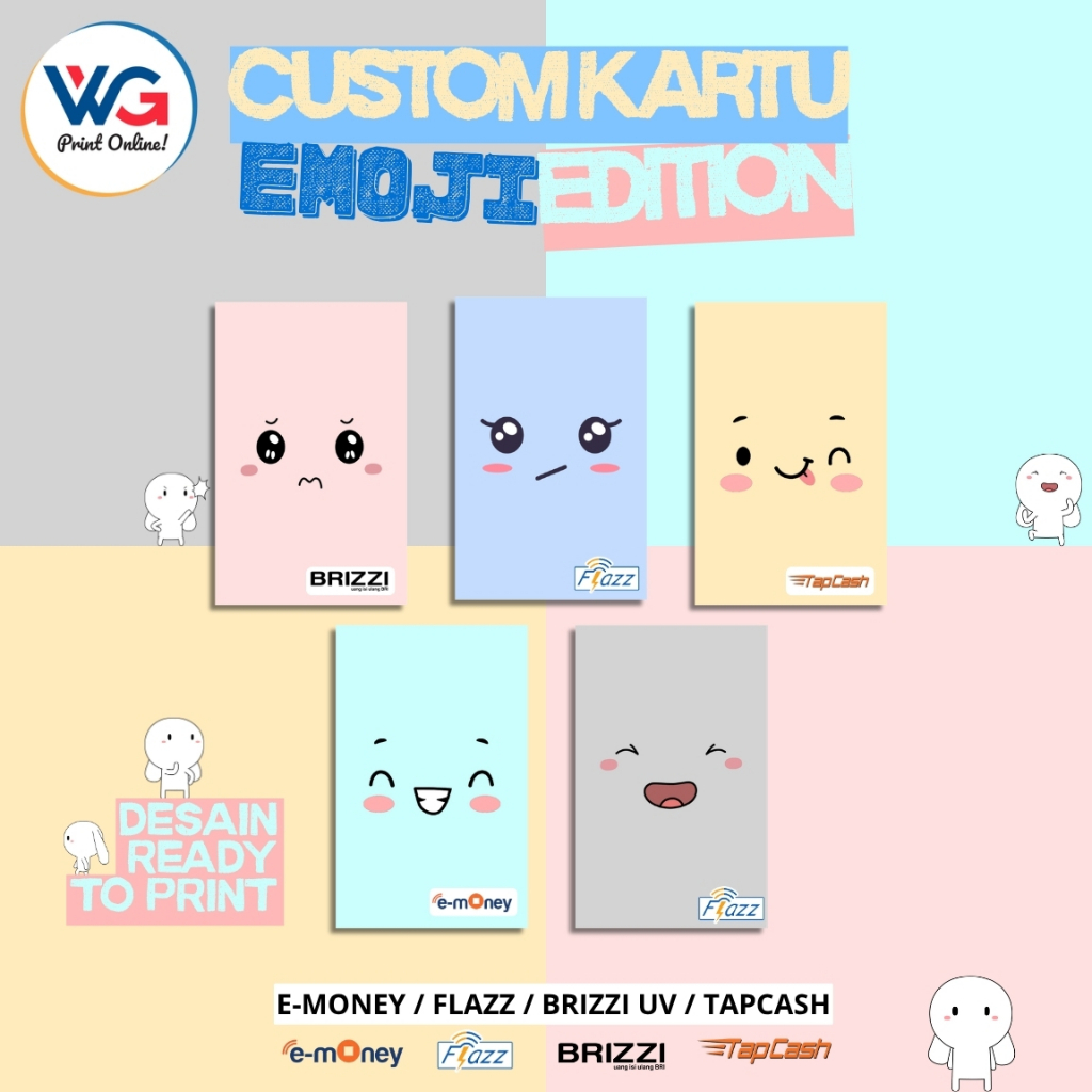 Custom Kartu E-Money Mandiri Flazz BCA Edisi Motif Emoji Lucu Print 1/2 Sisi