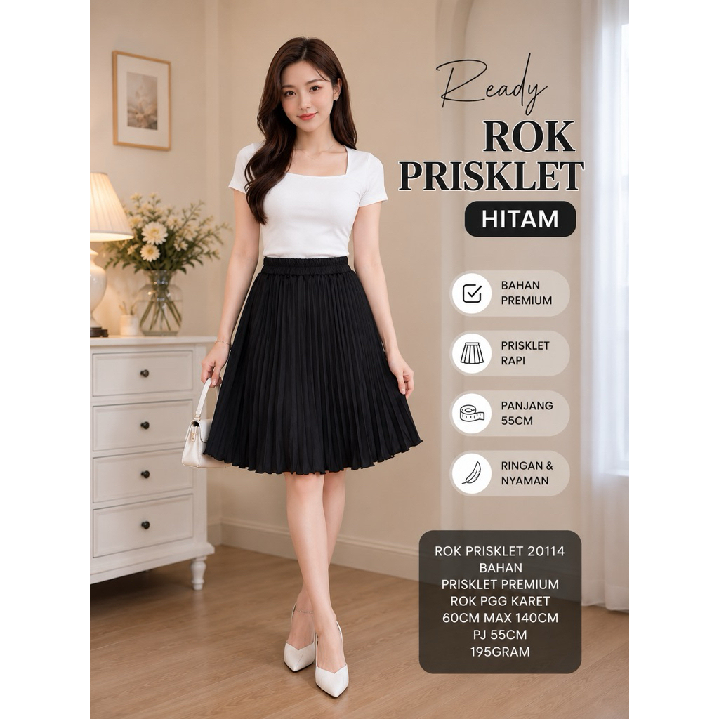 Rok Plisket Wanita Hitam Premium 20114 | Rok Pendek Karet Pinggang | Rok Mini Casual Korea