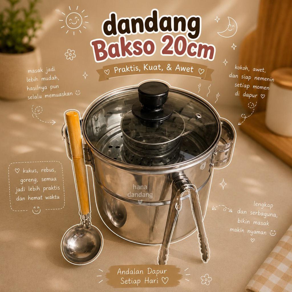 Dandang Bakso Pegangan Stainlish Tutup Kaca / Panci Bakso Um Size 20 cm Lengkap + Capit + Centong Ku