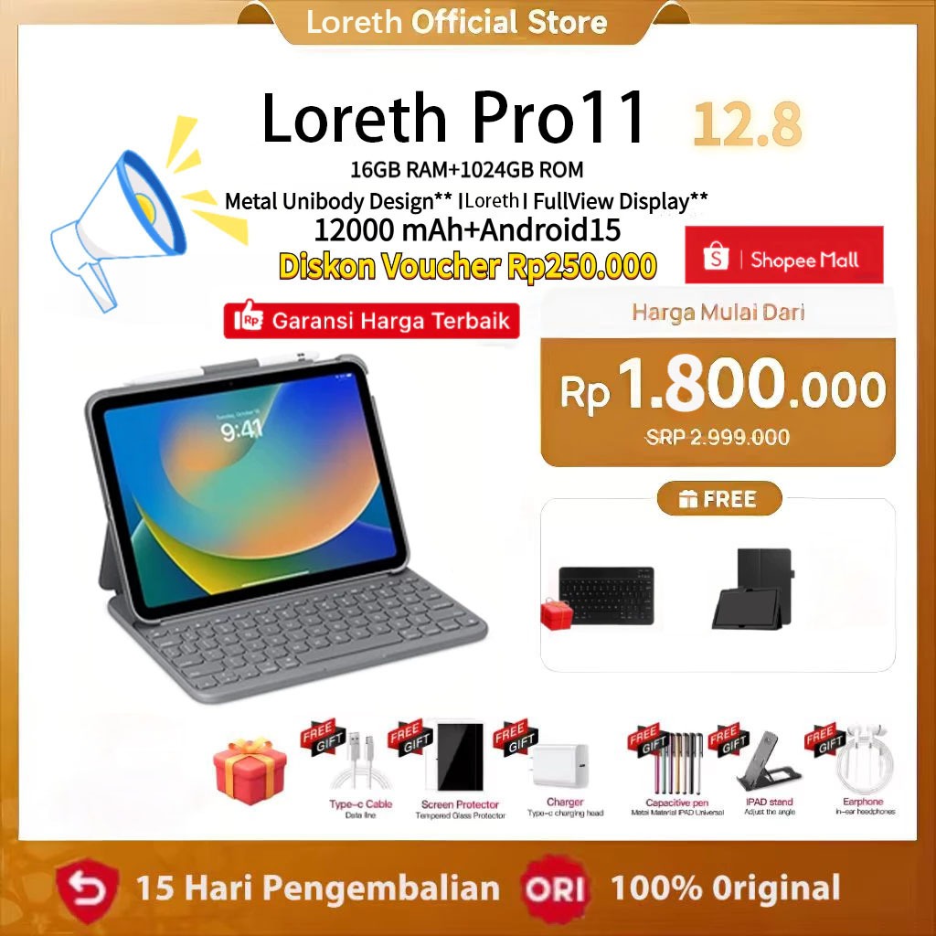 Loreth Tablet Pro11 (16GB+1024GB)11.6inch"lPS Screen Tablet Android15 8800 mAh Dual Sim CardadvanTab