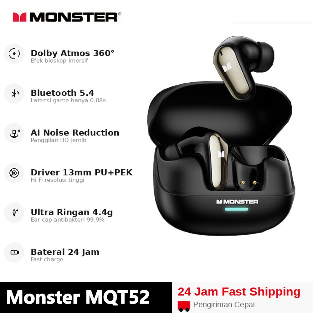 Monster MQT52 TWS Bluetooth 5.4 Earphone Wireless Dolby Atmos Bass HD Call AI Noise Cancelling Gamin